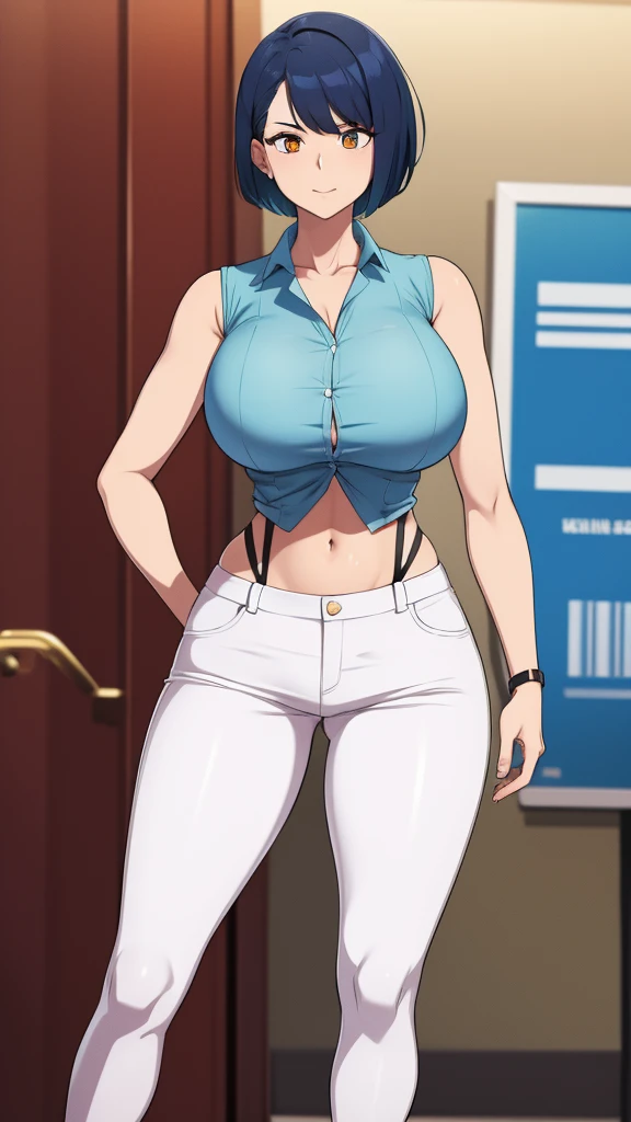 A tall woman, sexy, big breast, beautiful, happy, confident, affectionate, with short bright blue hair and orange eyes, wearing a white sleeveless button-down shirt, showing her navel and dark blue pants underneath, and wearing a red kitten heel.