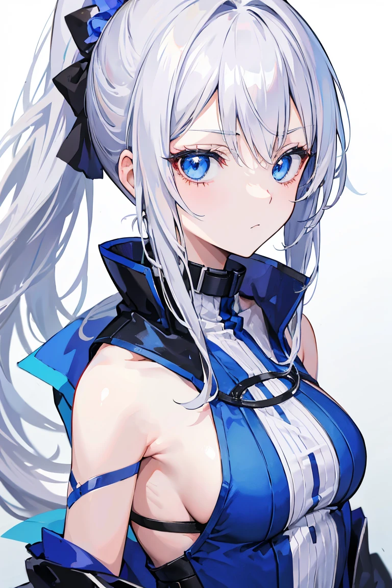 "Anime Girl, 1 person, Silver hair, Deep blue eyes, Shoulder-length hair, Long Ponytail,((Women's shirts)), women's jacket, belt, Dark blue skirt, ,White socks, leather shoes, Medium chest, Serious expression, whole body, Solitary, From multiple perspectives," (Full HD 4K+ image)"