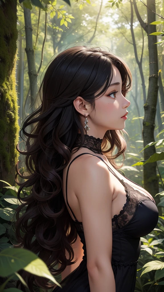 Black women、Brown eyes、、Large Breasts、Curly Hair、Captivating look、profile、Upper Body、in the forest。