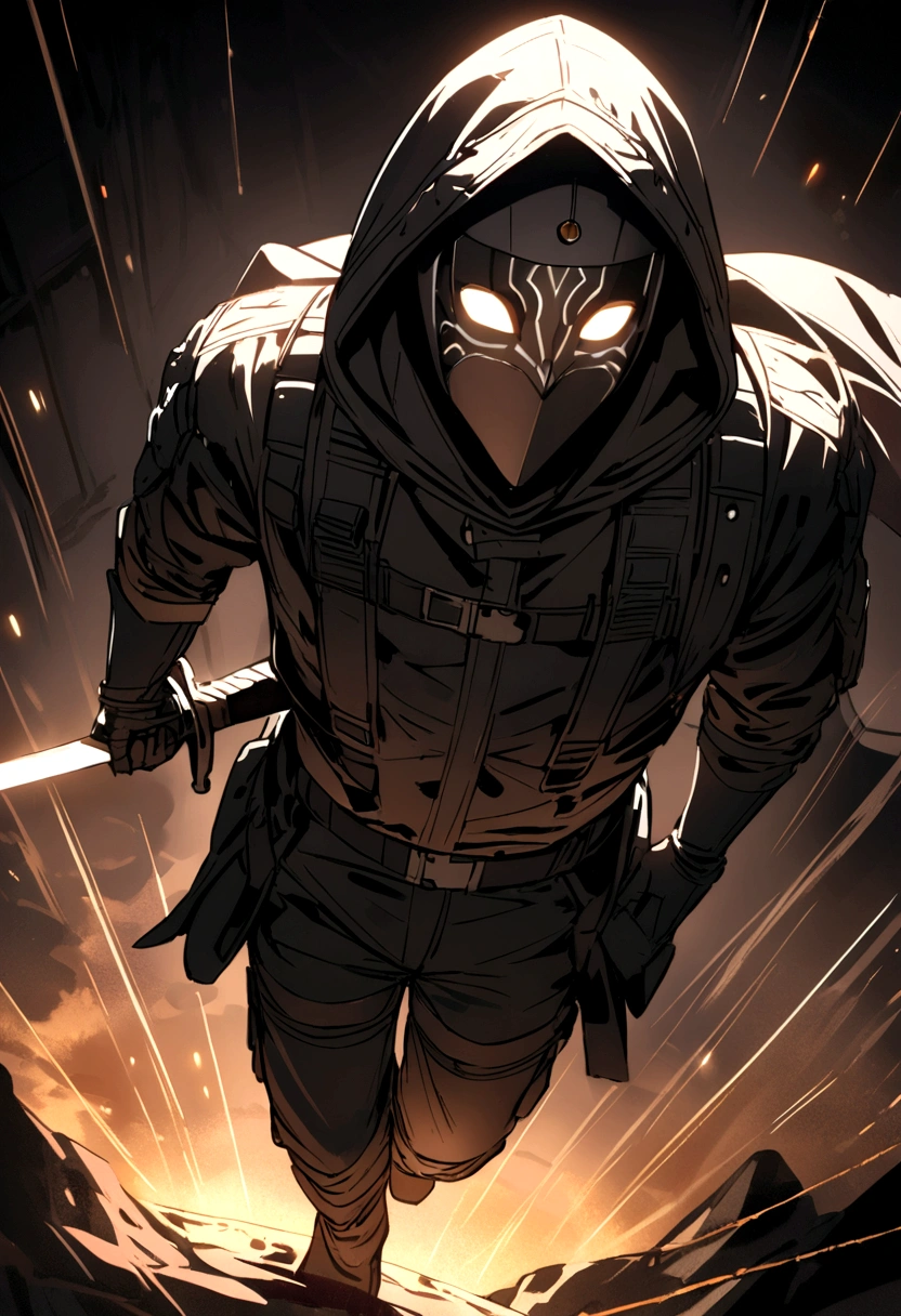 A top view guy set drawn lines white tactical outfit black pants with hood wearing mask eyes black brown skin holding medieval sword