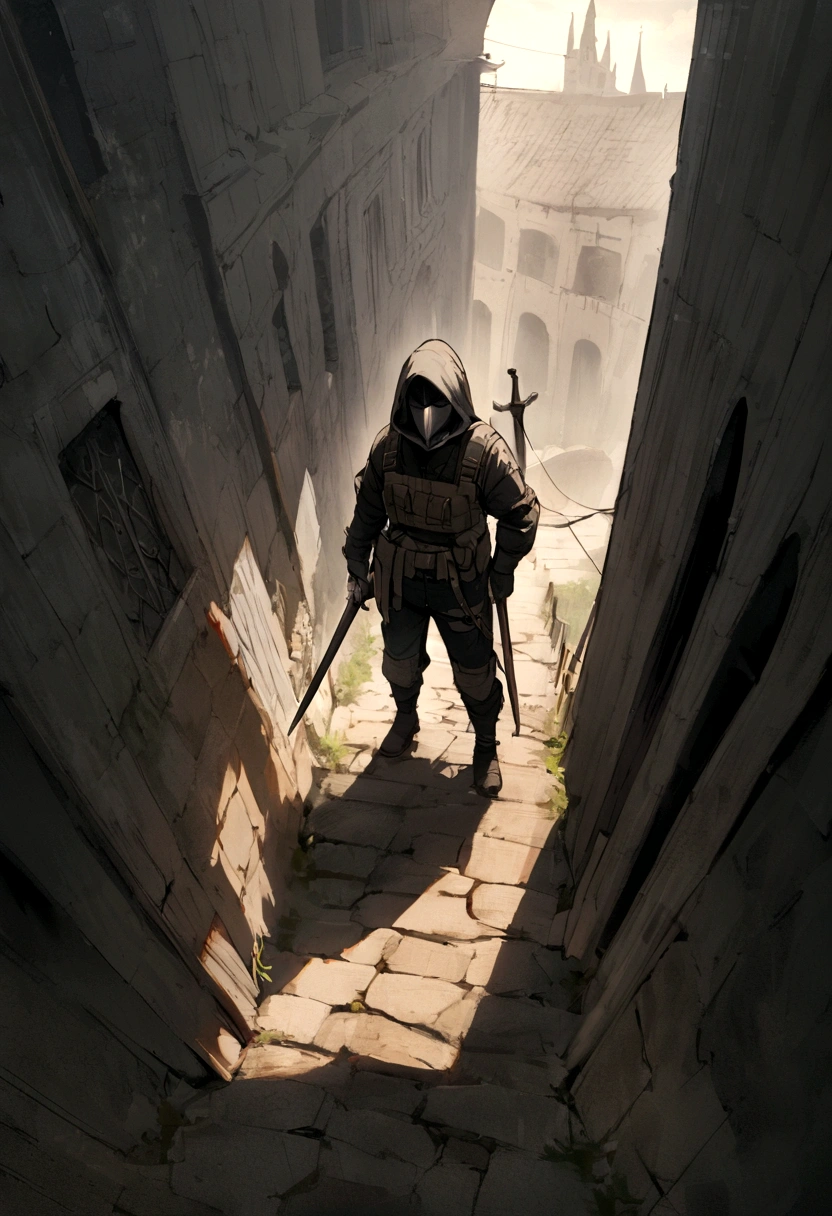 A top view guy set drawn lines white tactical outfit black pants with hood wearing mask eyes black brown skin holding medieval sword 