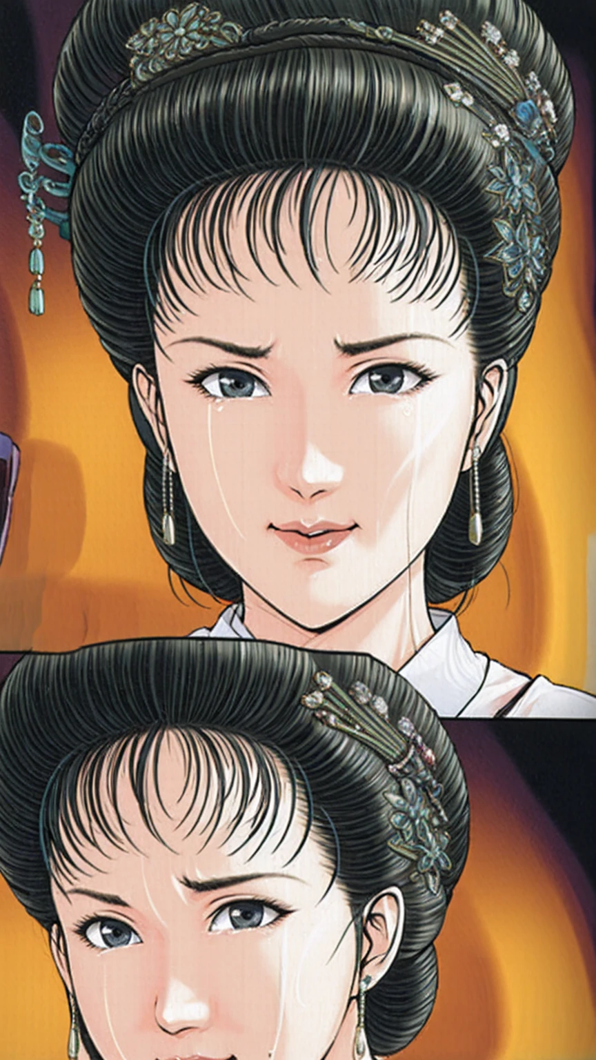 (best quality), (very aesthetic), (ultra-detailed), (best illustration),(a mature female),(perfect face),Suikoden,Mrs. Lin,(((NSFW))),((full_body)),((full_nude)),(crying),Covers mouth with right hand,red cheek,sweating,skinny,flushed skin,(hairly),(Missionary position sex),(resting the back of her head on a pillow),(She is lying face up on chinese traditional bed room),First person view