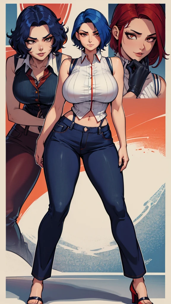 A tall woman, sexy, big breast, beautiful, happy, confident, affectionate, with short bright blue hair and orange eyes, wearing a white sleeveless button-down shirt, showing her navel and dark blue pants underneath, and wearing a red kitten heel.