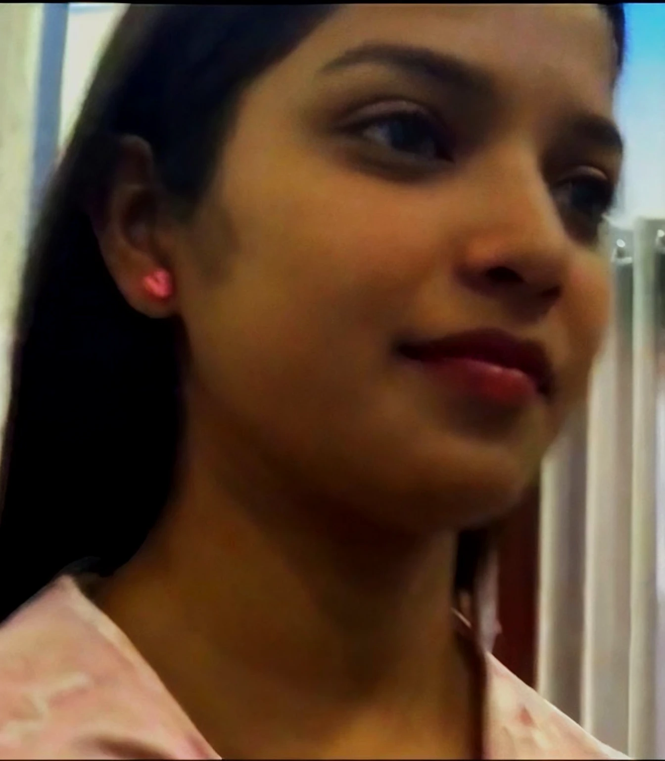 there is a woman that is smiling and looking at the camera, close up face, detailed unblurred face, indian girl with brown skin, she has a distant expression, close up bust shot, very very low quality picture, beuatiful face, closeup face, candid picture, with accurate face, inspired by T. K. Padmini, closeup on face