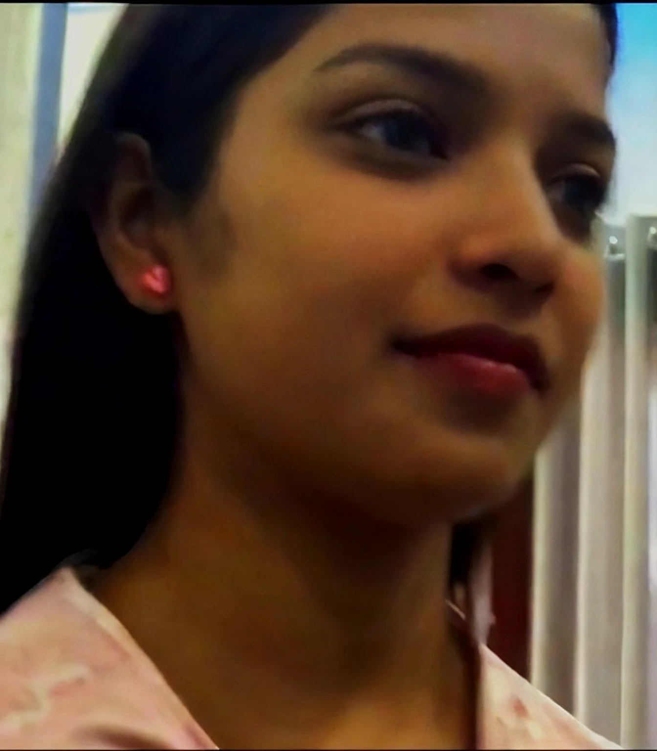 there is a woman that is smiling and looking at the camera, close up face, detailed unblurred face, indian girl with brown skin, she has a distant expression, close up bust shot, very very low quality picture, beuatiful face, closeup face, candid picture, with accurate face, inspired by T. K. Padmini, closeup on face