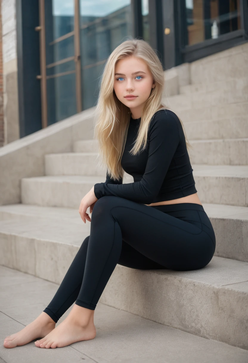 make a 15 year old blonde with blue eyes and supremely beautiful with black leggings and barefoot shitting in her pants