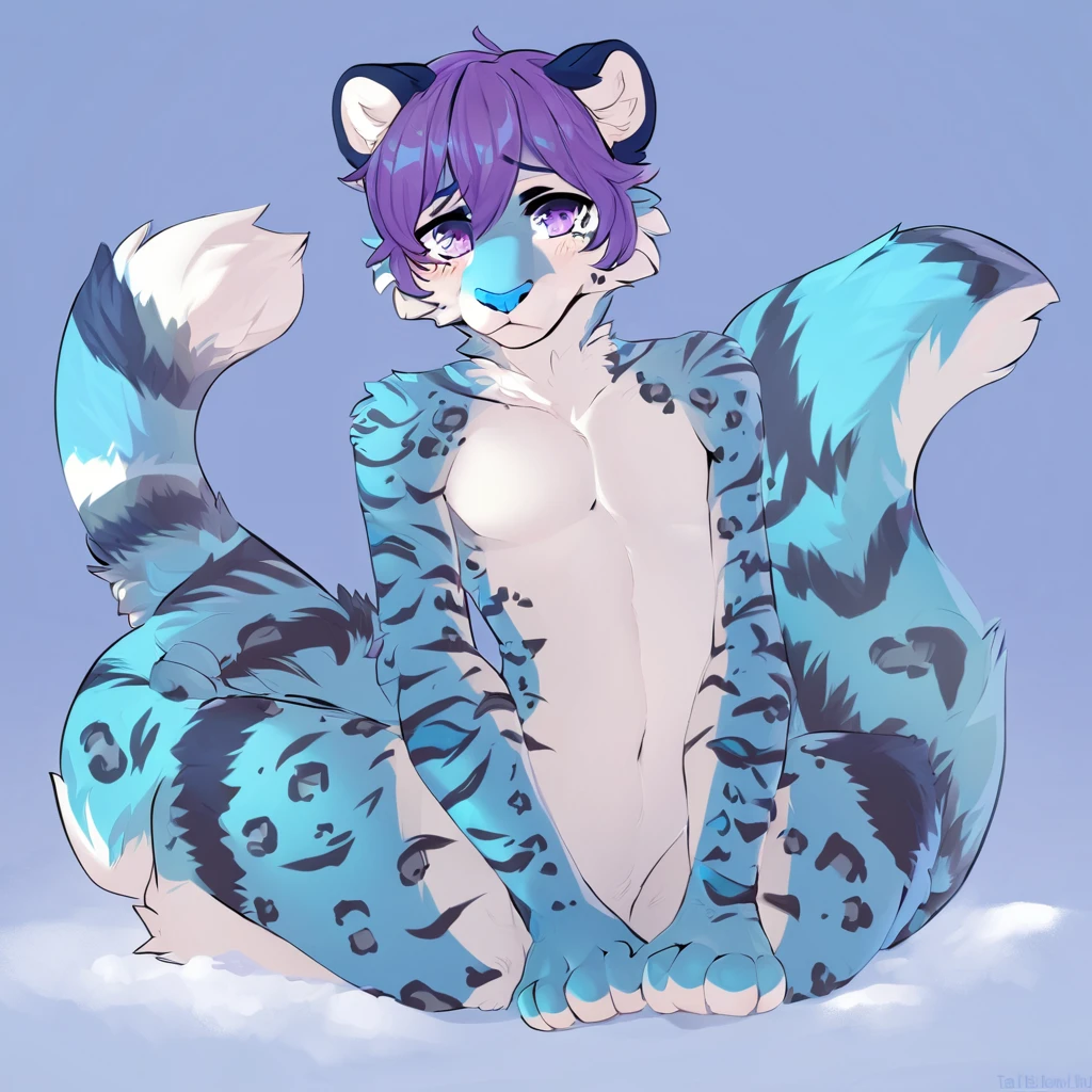 adult, feline, mammal, anthro, anthromorphic, snow, leopard, striped_feline, fur, furred_anthro, fluffy_tail femboy, male, bangs, ear_tufts, blue_nose, paws, hair_tuft, hair_between_eyes, long_tail, fluffy, feline_ears, expressive_eyes, purple_hair, light looking_at_viewer, legs, legs_visible, thighs, blue_paws, blue_fur, shy, small_pupils, spotted_pattern, stripes, tail, tiger_stripes, digital_art, high_resolution, high_res, tealblue_background fit, posing, laying_down