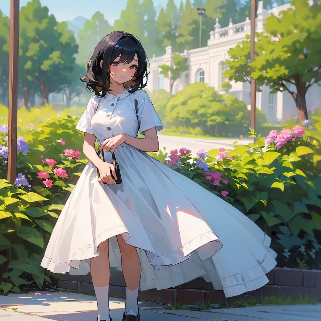 (high quality, High resolution, Very detailed, reality:1.37), Peaceful atmosphere, (Outdoor, garden),  girl standing alone, (my breasts are big.), Beautiful details, Cute Smile, (Black bob hair), White short-sleeved dress, White socks, loafers.