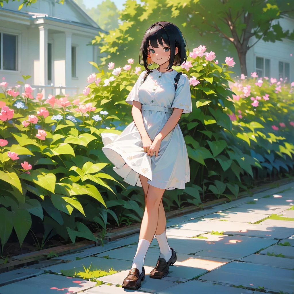 (high quality, High resolution, Very detailed, reality:1.37), Peaceful atmosphere, (Outdoor, garden), Teenage girl standing alone, (my breasts are big.), Beautiful details, Cute Smile, (Black bob hair), White short-sleeved dress, White socks, loafers.