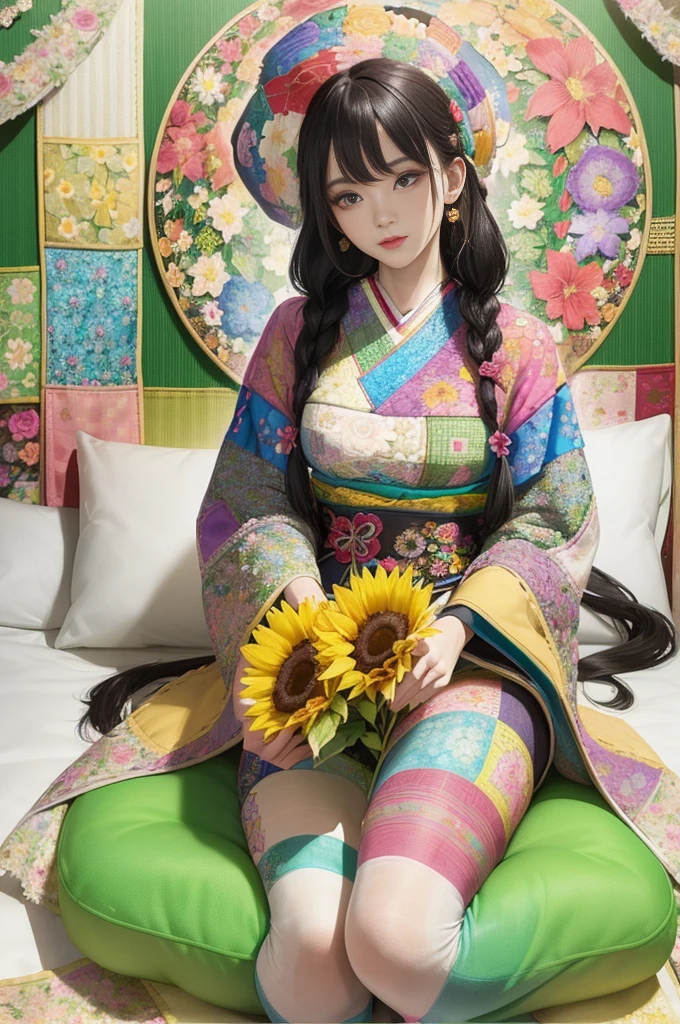 Solarization:1.5,(Patchwork floral tapestry art background:1.5),Colorful、Black hair、long、Korean beauty with matching bangs、Thin eyeliner、Rose Red Lip、Red kimono、Powerful studio lighting、top-quality、masterpiece、bokeh dof、Front Focus illustration in the style of cute, an elegant and beautiful girl with long brown hair in braids wears colorful striped tights under a straw hat decorated with flowers, she has green eyes and is wearing a rainbow colored sweater. the background depicts a magical garden filled with blooming sunflowers and daisies, full body, delicate and fine art style, cute and dreamy mood, soft lighting, vibrant colors, digital painting