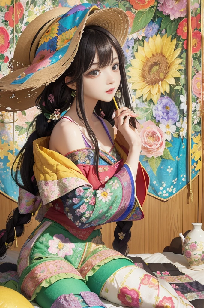 Solarization:1.5,(Patchwork floral tapestry art background:1.5),Colorful、Black hair、long、Korean beauty with matching bangs、Thin eyeliner、Rose Red Lip、Red kimono、Powerful studio lighting、top-quality、masterpiece、bokeh dof、Front Focus illustration in the style of cute, an elegant and beautiful girl with long brown hair in braids wears colorful striped tights under a straw hat decorated with flowers, she has green eyes and is wearing a rainbow colored sweater. the background depicts a magical garden filled with blooming sunflowers and daisies, full body, delicate and fine art style, cute and dreamy mood, soft lighting, vibrant colors, digital painting