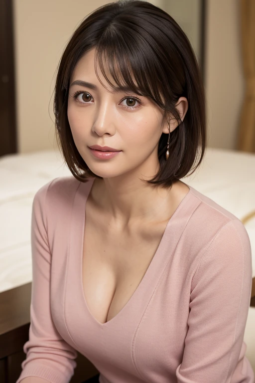 8K, highest quality, masterpiece, realistic, Photoreal, Super detailed, Natural light, Medium chest, I can see the cleavage, 1 Japanese woman, 35 years old, black hair, short hair, (Look up at the viewer from below), Pale pink light knit V-neck shirt, highly detailed face and skin, highly detailed eyes, highly detailed face and skin