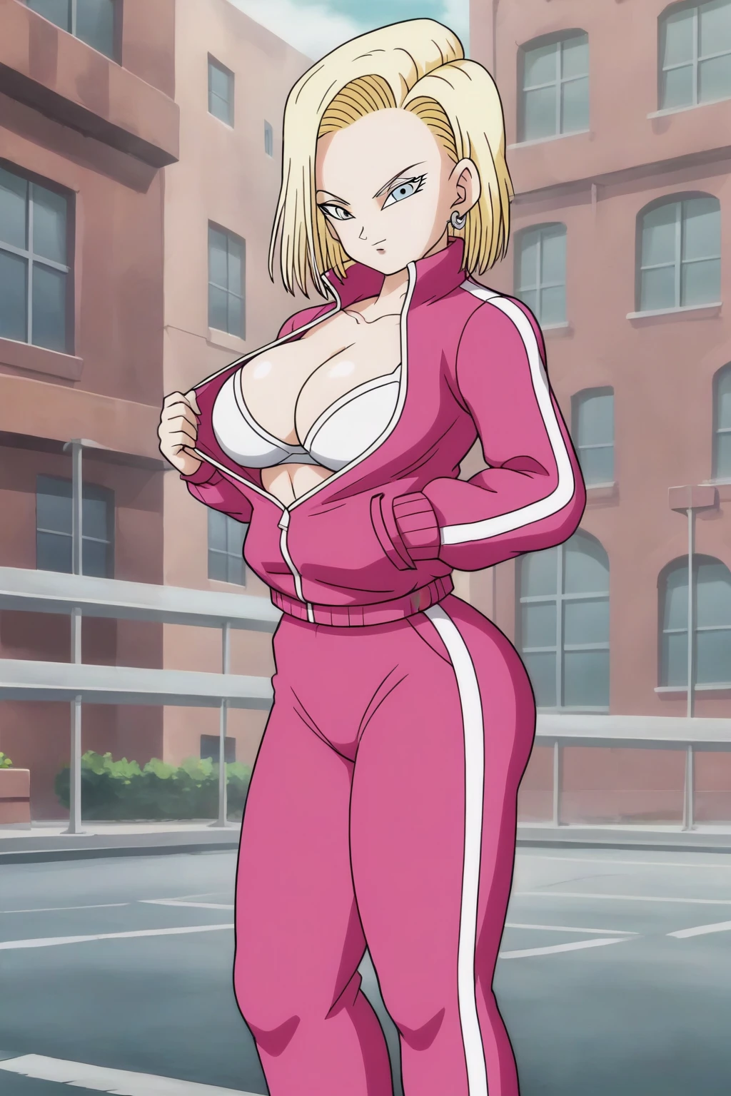 source_anime, score_9, score_8_up, score_7_up, anime screencap, detailed face, android 18, supertop, 1girl, solo, looking at viewer, short hair, blue eyes, blonde hair, collarbone, hoop earrings, city, open track jacket, open pink jacket, open jacket, white bra, track suit, track pants, pink pants, standing, front view, big breasts, sexy hips, big ass, thick legs, sexy body, hands up