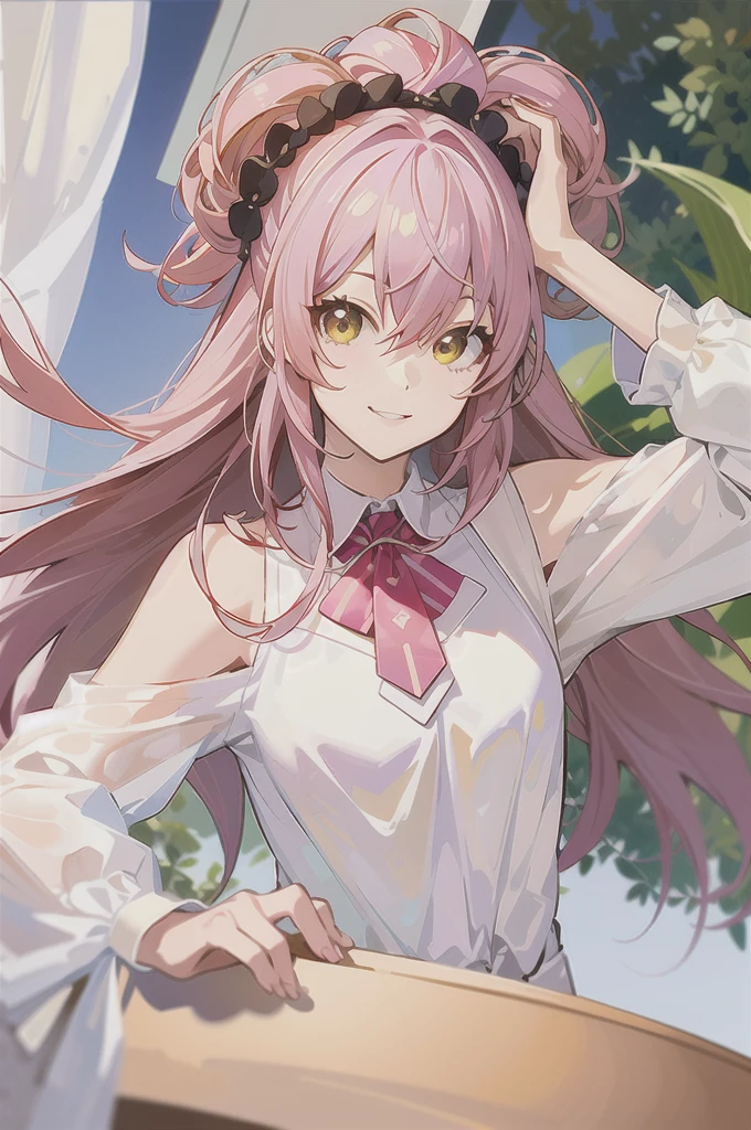 ,(Masterpiece:1.2, high quality), (pixiv:1.4),who,:3,uwu,
jougasaki mika, 1girl, curtain grab, pink hair, solo, looking at viewer, curtains, smile, long hair, hair between eyes, yellow eyes, nude, parted lips, bangs, upper body