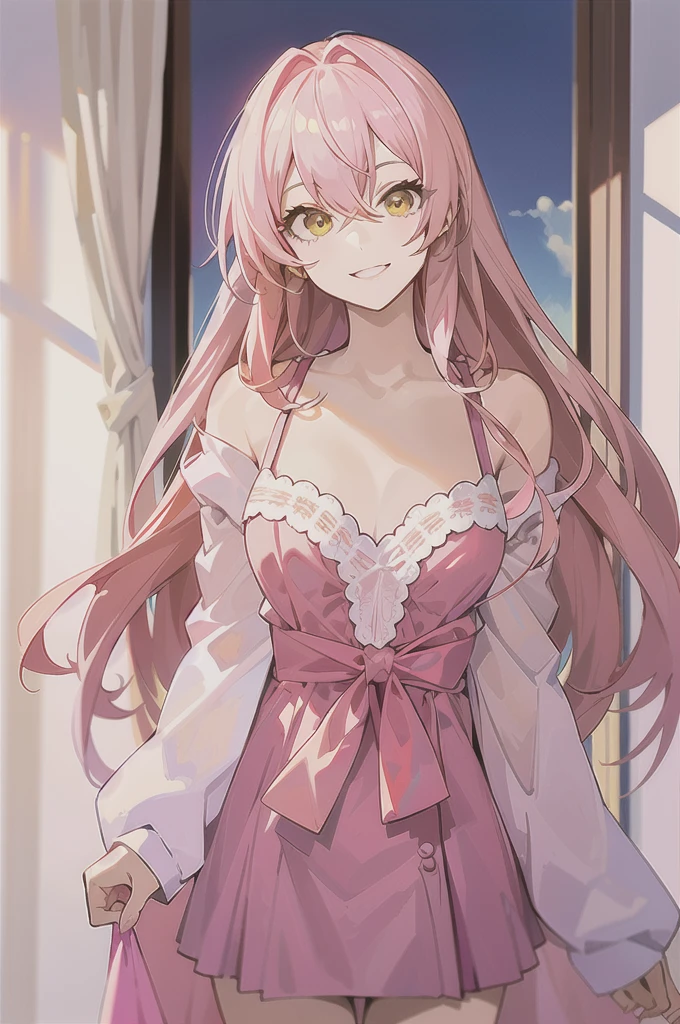 ,(Masterpiece:1.2, high quality), (pixiv:1.4),who,:3,uwu,
jougasaki mika, 1girl, curtain grab, pink hair, solo, looking at viewer, curtains, smile, long hair, hair between eyes, yellow eyes, nude, parted lips, bangs, upper body