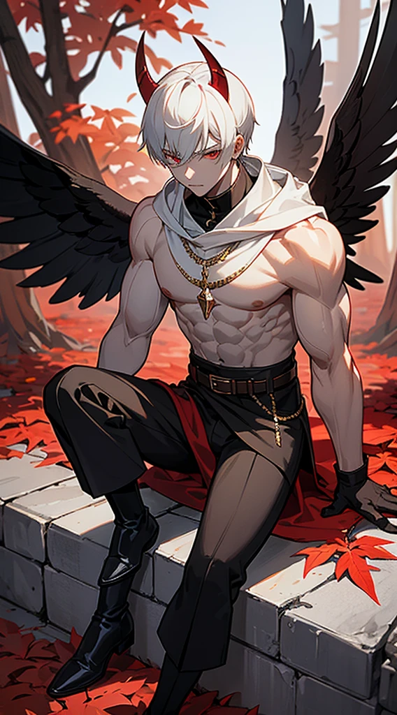 Handsome man, white hair, very short hair, ((crew cut: 1)), red eyes, fair skin, ((muscular: 1)), man, 28 years old, wearing a white hood, gold and silver details, leather shawl brown, baggy pants, gray boots, black and brown belts, black boots, brown gloves, lots of belts, demonic angel wings, six wings, black wings, demon horn, black scales, black scales on the neck, black lizard tail, demonic form, angel form, half and half, chaos angel, halo on the back, holy light element , shadow element of corruption man sitting, muscular, sexy, sitting on a rock, background forest, black trees, trees with red leaves