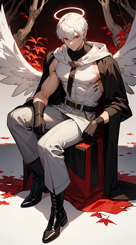 Handsome man, white hair, very short hair, ((crew cut: 1)), red eyes, fair skin, ((muscular: 1)), man, 28 years old, wearing a white hood, gold and silver details, leather shawl brown, baggy pants, gray boots, black and brown belts, black boots, brown gloves, lots of belts, demonic angel wings, six wings, black wings, demon horn, black scales, black scales on the neck, black lizard tail, demonic form, angel form, half and half, chaos angel, halo on the back, holy light element , shadow element of corruption man sitting, muscular, sexy, sitting on a rock, background forest, black trees, trees with red leaves