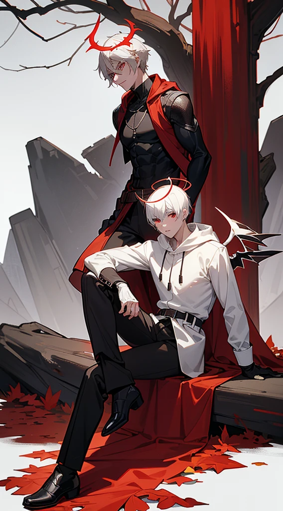 Handsome man, white hair, very short hair, ((crew cut: 1)), red eyes, fair skin, ((muscular: 1)), man, 28 years old, wearing a white hood, gold and silver details, leather shawl brown, baggy pants, gray boots, black and brown belts, black boots, brown gloves, lots of belts, demonic angel wings, six wings, black wings, demon horn, black scales, black scales on the neck, black lizard tail, demonic form, angel form, half and half, chaos angel, halo on the back, holy light element , shadow element of corruption man sitting, muscular, sexy, sitting on a rock, background forest, black trees, trees with red leaves