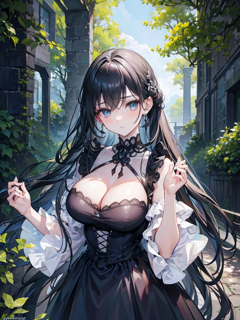 A detailed, mature gothic woman standing with her hands in front of her, long hair in an intricate hairstyle, wearing a black and white gothic dress with ruffles, ribbons, and puffed sleeves, off-the-shoulder, lace choker, jewelry, with a perfect, sad, melancholic expression, flawless eyes and face, enormous breasts, perfect lighting, in a serene, beautiful outdoor fantasy landscape with flowers and trees, under a warm, sunny summer sky, (best quality,4k,8k,highres,masterpiece:1.2),ultra-detailed,(realistic,photorealistic,photo-realistic:1.37),HDR,UHD,studio lighting,ultra-fine painting,sharp focus,physically-based rendering,extreme detail description,professional,vivid colors,bokeh,