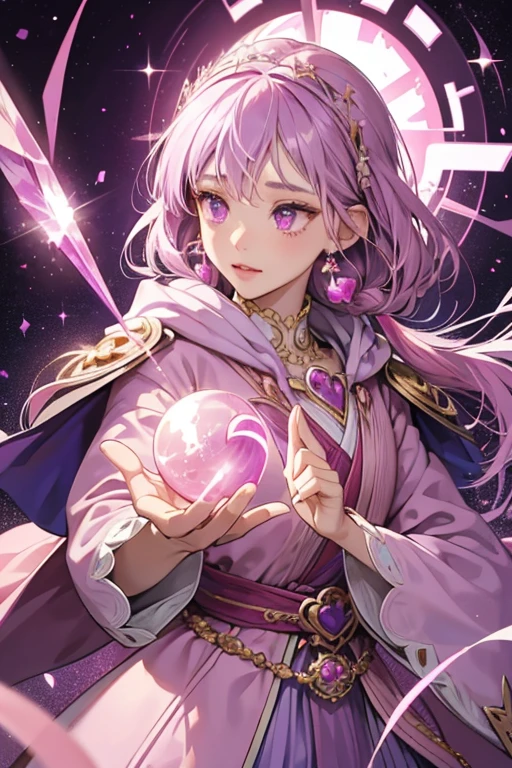 Uranaitchi has pale lavender skin, pink cheeks, and purple eyes. She wears a purple cloak with a hood that has a pink heart on the tip. She has many pink beads around her face. She is often seen holding a crystal ball. SPARKLE; GLITTER