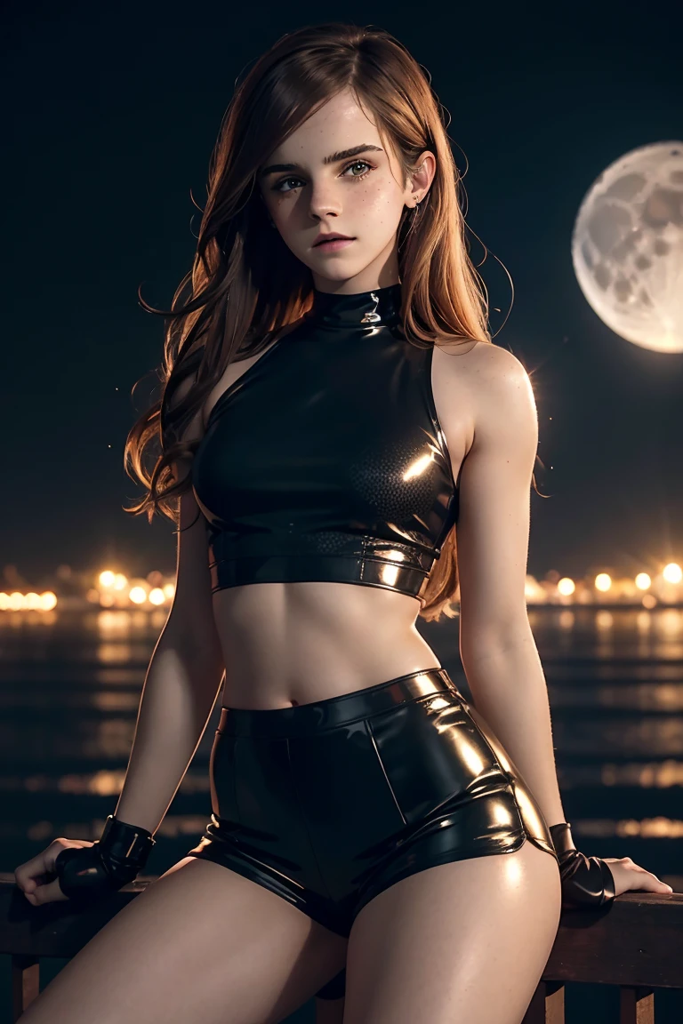 Highly detailed. a sexy beautiful Emma Watson. long hair. freckles, gentle smile. red tight intricate sparkly latex shorts, crop top. sitting on fence. dark ambient. cinematic lighting. background moon. full shot.