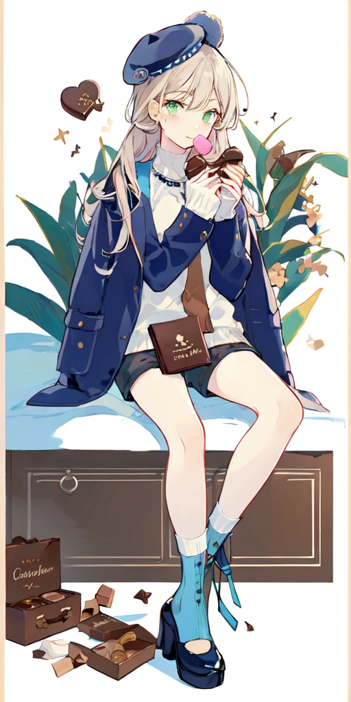 (masterpiece:1.2), best quality,PIXIV,Sweet girl ,standing,
1girl, solo, jacket on shoulders, white socks, food, socks, hat, jacket, long sleeves, sitting, chocolate, green eyes, shoes, braid, full body, candy, blue footwear, white headwear, bangs, blue background, looking at viewer, own hands together, shorts, chocolate bar, beret, cookie, sidelocks, black footwear, ice cream, blue jacket, shirt, blush, copyright, high heels, gift, closed mouth, mary janes