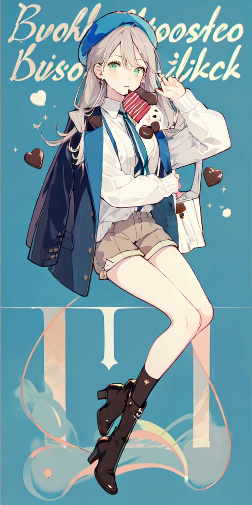 (masterpiece:1.2), best quality,PIXIV,Sweet girl ,standing, 
1girl, solo, jacket on shoulders, white socks, food, socks, hat, jacket, long sleeves, sitting, chocolate, green eyes, shoes, braid, full body, candy, blue footwear, white headwear, bangs, blue background, looking at viewer, own hands together, shorts, chocolate bar, beret, cookie, sidelocks, black footwear, ice cream, blue jacket, shirt, blush, copyright, high heels, gift, closed mouth, mary janes
 