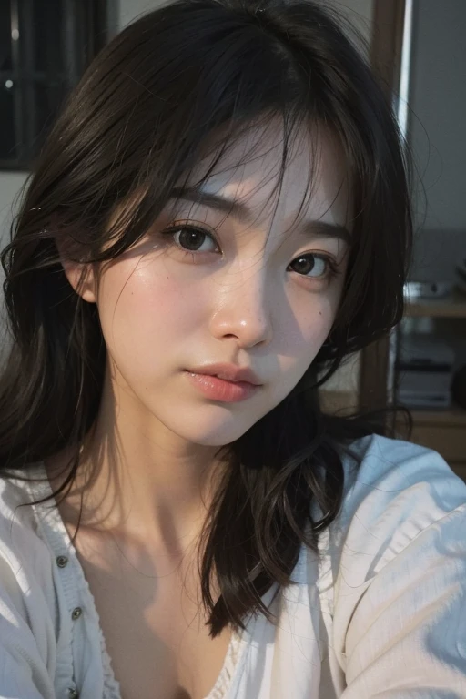 There is a woman with long hair and a white shirt., girl Cute face, A lovely and delicate face, Young and adorable Korean face, A clear and pretty face, Cute - Nice - Face, Ulzzang, Shin Jinyoung, Beautiful and delicate face, Small heart shaped face, Korean facial features, Beautiful aesthetic face, Gentle eyes and a slim chin, Cute face