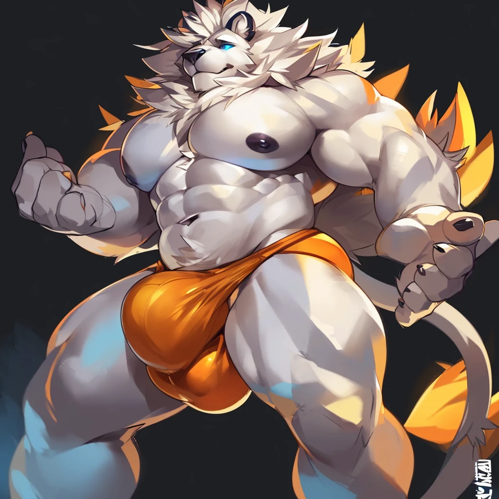 Solo, Anthro, male (((solgaleo, lion, blue sclera, muscular, big pecs, abs, black body, white body, white fur, black nose, multicolored mane, mane, grey chest, grey abdomen, white arms, white legs, 5 fingers, tail, white tail, yellow tipped tail, markings, orange tipped mane, orange speedo, big bulge))) standing, pokemorph, biped, full body, perfect anatomy, by darkgem, by mystikfox61, by glitter trap boy