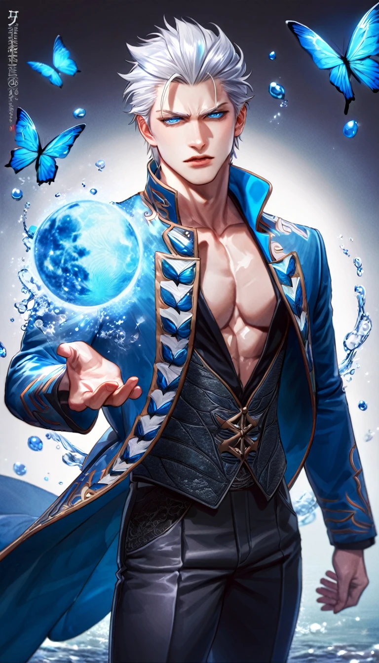 absurdres, highres, ultra detailed, HDR, master piece, best quality, Vergil, white hair slicked back, expressive blue eyes, devil may cry, solo, sexy man, handsome, blue coat, black shirt, black pants, magical, fantasy, shining, blue flowers, blue moon, blue butterflies, blue petals, water