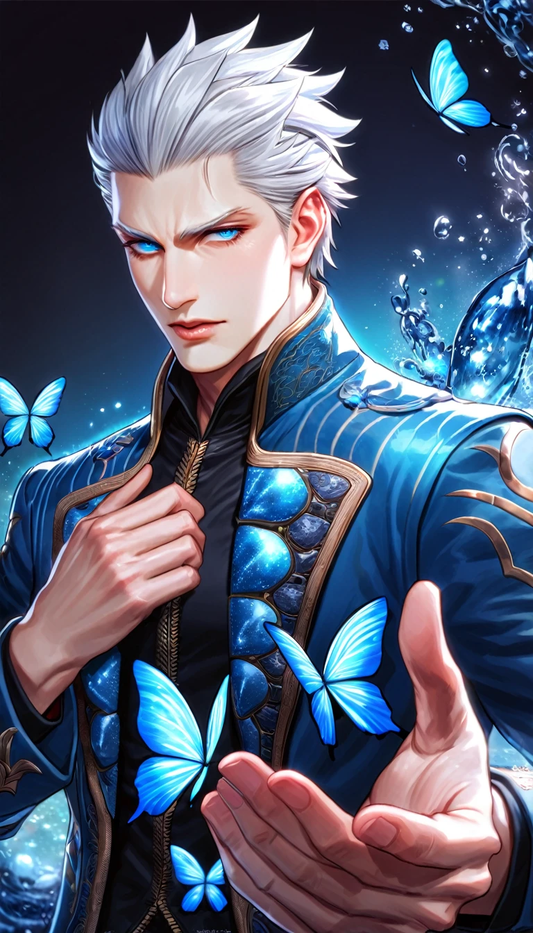absurdres, highres, ultra detailed, HDR, master piece, best quality, Vergil, white hair slicked back, expressive blue eyes, devil may cry, solo, sexy man, handsome, blue coat, black shirt, black pants, magical, fantasy, shining, blue flowers, blue moon, blue butterflies, blue petals, water
