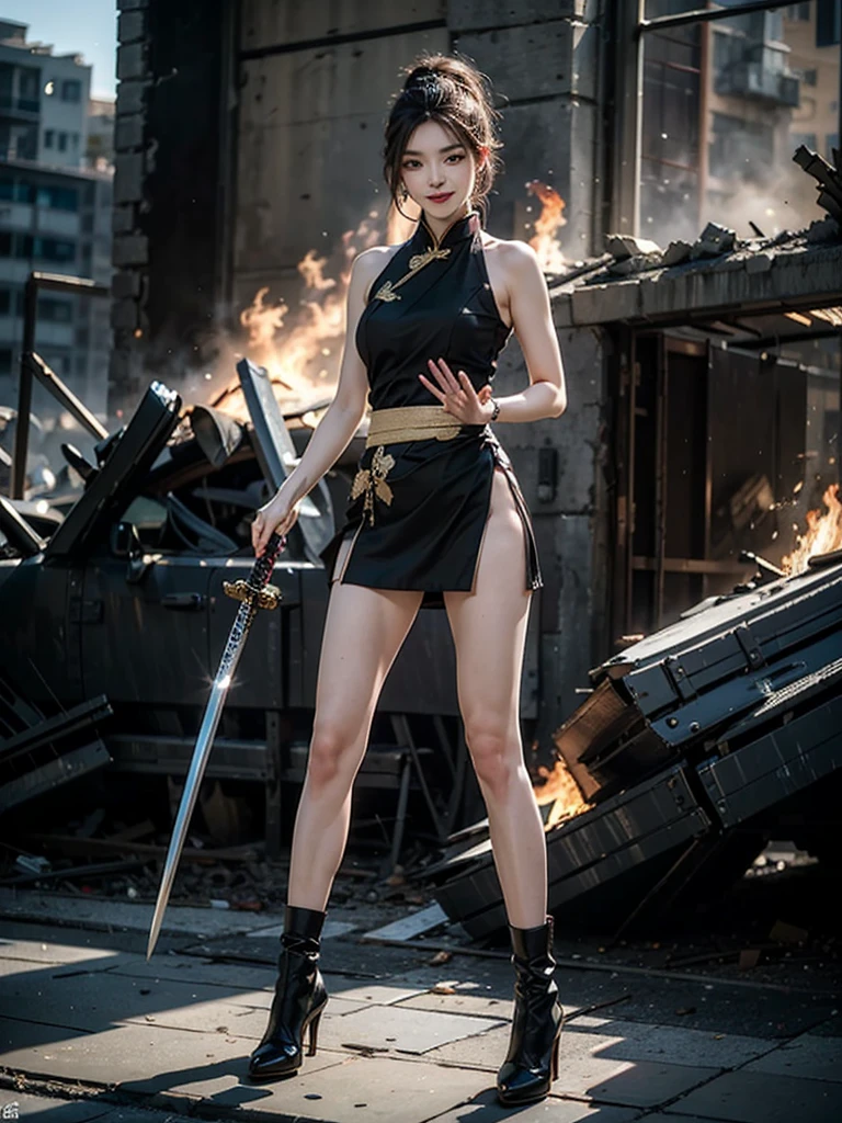 (Top quality,Ultra HD,lifelike: 1.4),Wearing black and gold short qipao,Black high heels,High Ponytail,Close-up shot of a girl with air bangs holding two samurai swords,Beautiful armed girl, (K-Pop Idol) ,Detailed face,opposition,Perfect anatomy,Smooth skin,Professional lighting,Victory in battle,Smile of victory(background,Destroyed buildings,Fire, (Huge explosion) ) ,Full body close-up,Fighting Stance