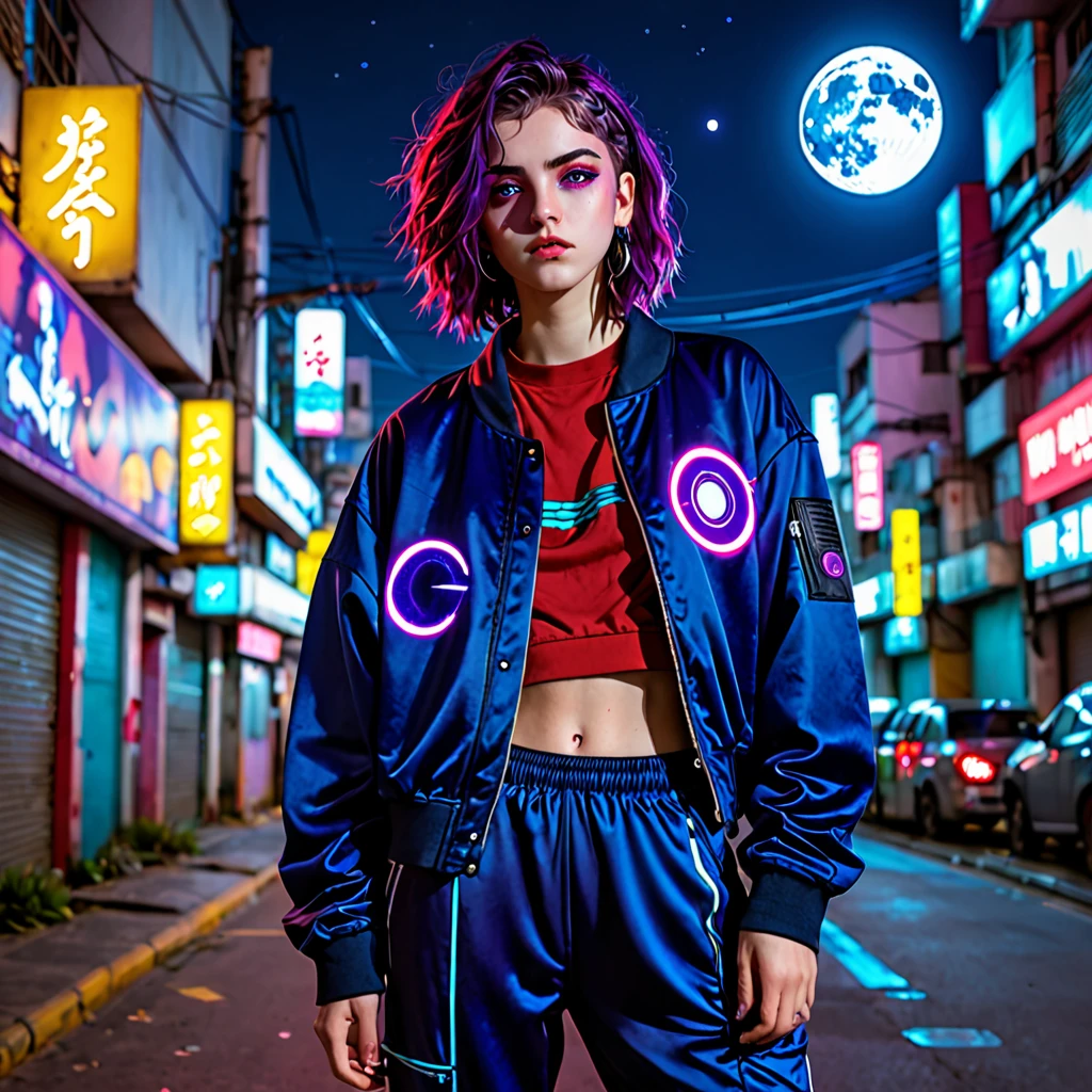 Garoto, adolescente,cabelo curto, cabelo roxo, olhos com heterocromia, camisa vermelha, jaqueta azul, sweatpants, cidade cyberpunk, night sky, big moon behind, personagem caminhando para frente, look of determination 