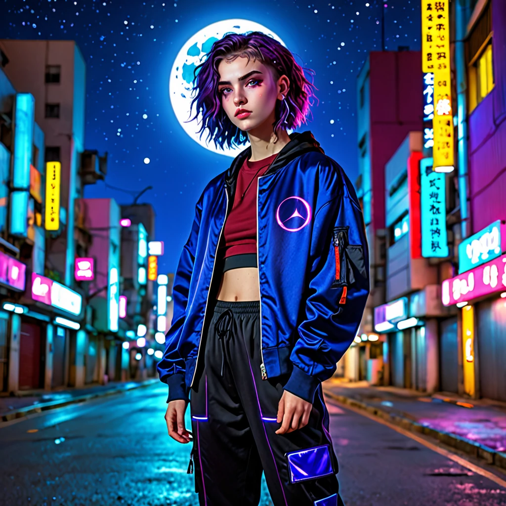 Garoto, adolescente,cabelo curto, cabelo roxo, olhos com heterocromia, camisa vermelha, jaqueta azul, sweatpants, cidade cyberpunk, night sky, big moon behind, personagem caminhando para frente, look of determination