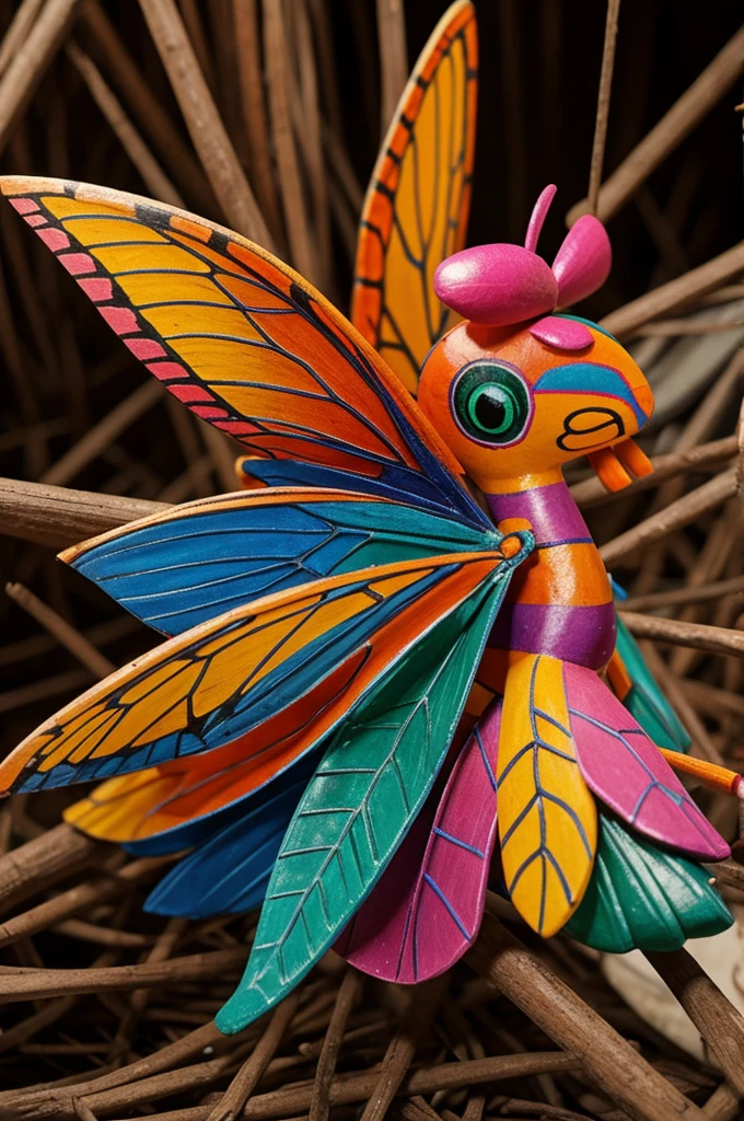 un alebrije de ajolote y mariposa monarca sentado 