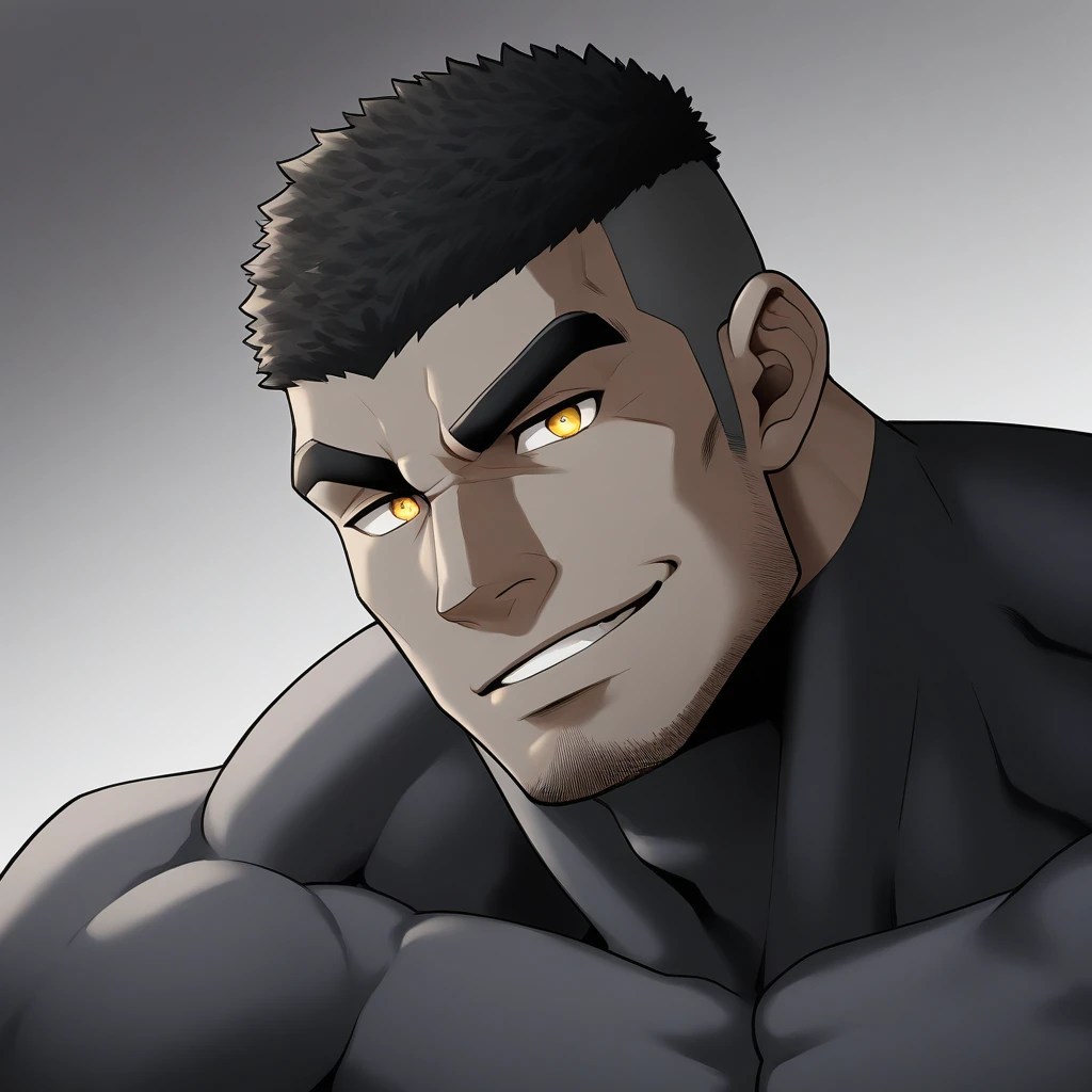 negro, negro, negro, anime characters:Gyee, Muscle Sports Student, negro black skin, Very Black, 1 muscular tough guy, Manliness, male focus, Dark grey ong sleeve tights, Regular symmetrical pattern, Very tight, The pectoral muscles are oversized, muscular male, muscular, only, Upper body, alone, Black short hair, Thick eyebrows, stubble, Yellow eyes, White background, simple background, amazing quality, best aesthetics, Ridiculous, bright pupils, crew cut, parted lips, seductive smile, torogao, naughty face, best quality