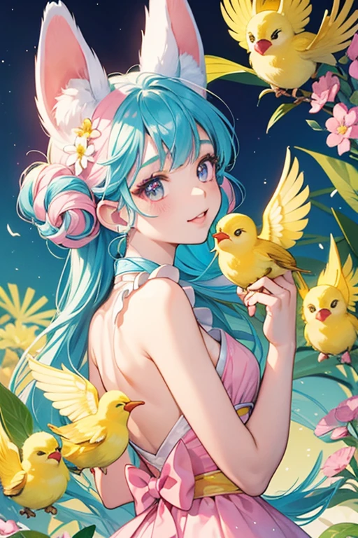 On the P's, Usahana Memetchi has Usahana's multicolored body and ears, while retaining Memetchi's curl and face. Her head is cream colored while her eyes are light blue and her mouth is pink. She is surrounded by white, pink, and yellow flowers along with yellow birds. She is also posed with her body facing back while her head faces forward.
On the Uni, Usahana Memetchi's appearance resembles Memetchi wearing a costume of Usahana. Memetchi's face keeps its original color and she lacks the flowers and birds asides from one flower adorning her ear. ARKLE; GLITTER