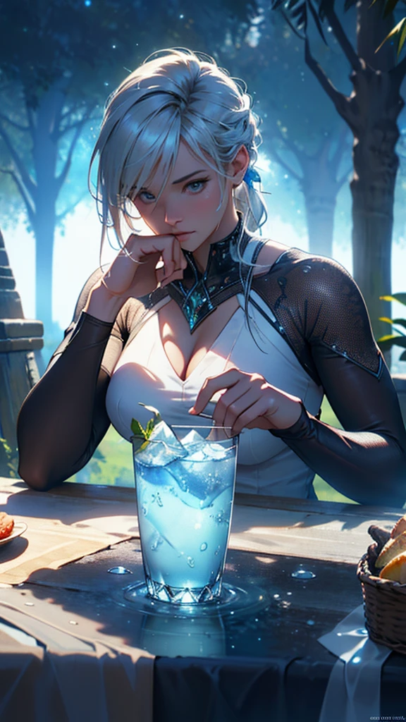 Glass of ice and kvass, water drops on glass, Translucent liquid, Ice cubes, Wildflower garland on picnic tablecloth, bright sun, Outdoor lighting at noon, open air, natural background, Summer day, Hot weather, high detailed, Very humid humidity, High brightness, wet watermarks, overdetailed, super detailed superdetaileding, surrealism, soft light, studio lighting, diffuse soft light, shallow depth of field, sharp focus, Bokeh effect, highly detaileded glass reflection, ultra-thin (superAre you okay, ultra-thin) (thin, Are you okay, ultra-detaileded), cinematic, surrealism, armature, highest quality, ultra-High resolution (realistic: 1.4), High resolution, detailed, Raw photo, clear reproduction, Stock Camera, realistic texture, dramatic lighting, unreal engine, Popular at Art Station, big