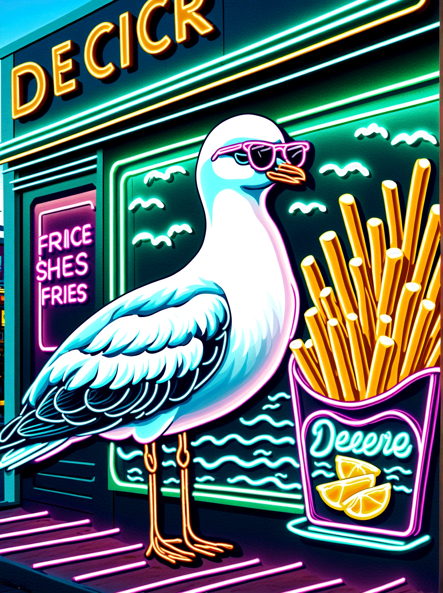Neon,Shop sign,Dock scene,Chip Shop,sailboat,Cool seagull wearing sunglasses,(Stealing French fries),发光的NeonShop sign,Ultra high saturation,Bright colors