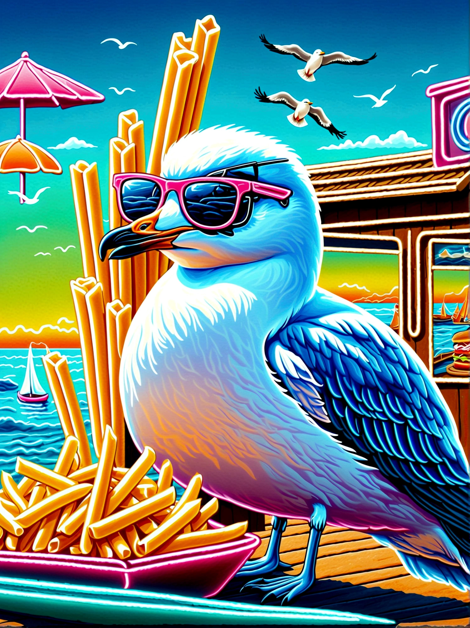 Neon，Shop sign，Dock scene，Chip Shop，sailboat，Cool seagull wearing sunglasses，(Stealing French fries)，发光的NeonShop sign，Ultra high saturation，Bright colors