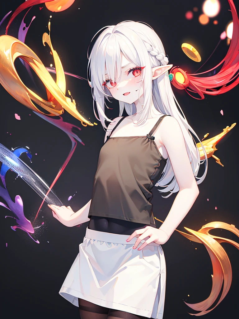 :o, sweating, close upmasterpiece,best quality,8k wallpaper,1 girl,solo,
flat chest,light smile, intricate white hair,red eyes,squinting eyes,empty eyes,no pupils,
eyelashes,red eye liner,long hair,dynamic angle,elf ears, Braid catsuit, black stockings, (black camisole:1.5), (white skirt:1.4), (white skin:1.5), medical office, little smile, little angry, skinny,