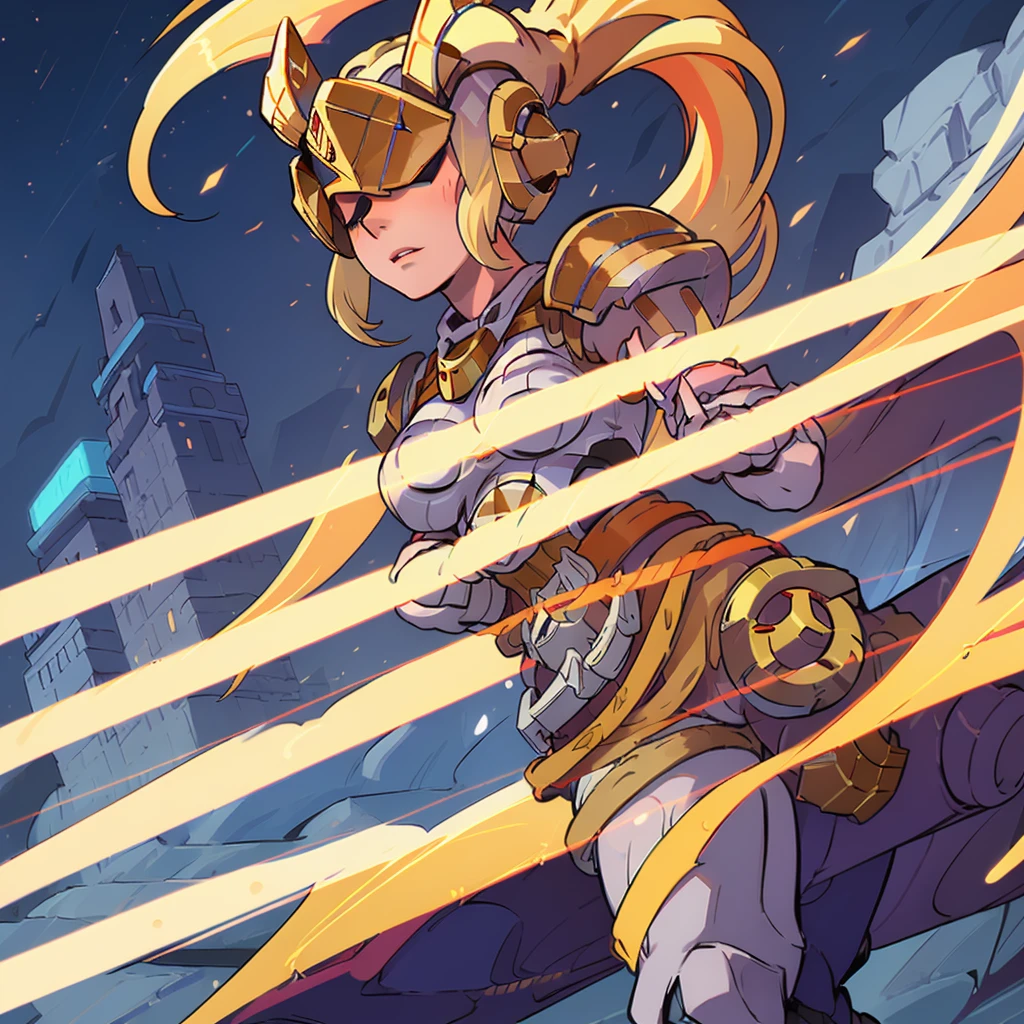 WZRYnvwaYP,1girl,solo,armor,ponytail,breastplate,helmet,long hair,breasts,shoulder armor,blonde hair,lips,belt,cityscape,night,mature female,pool,covered eyes, hand on hip, gloves,