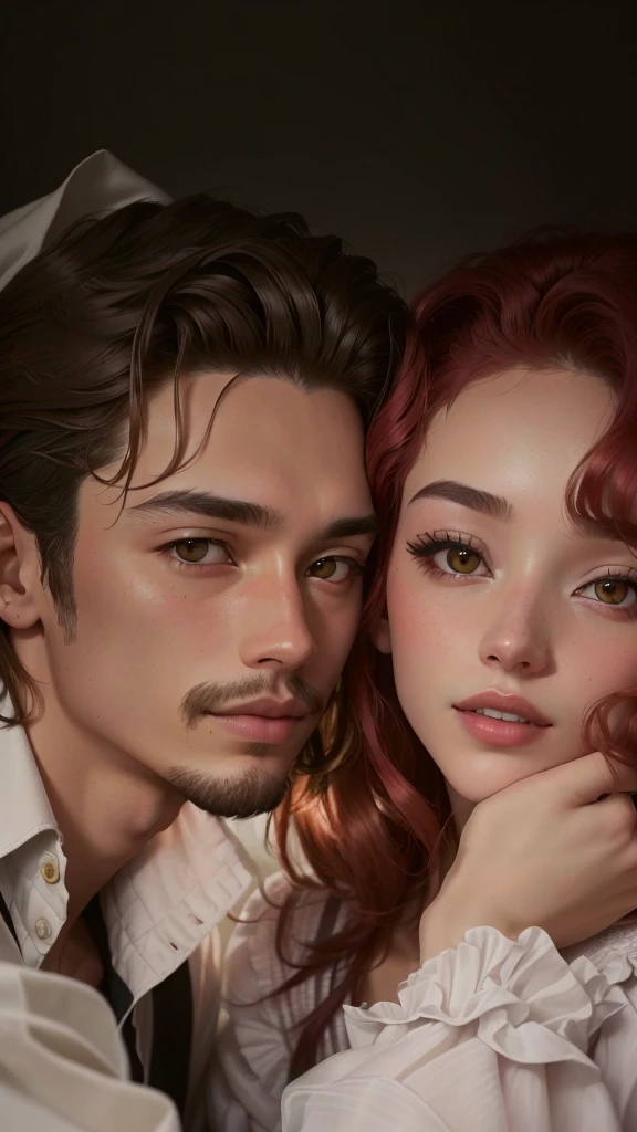 Hay un hombre y una mujer que se abrazan, filtrado photo, Jordan Grimmer y Natasha Tan, filtrado image, jamie coreth, caspar david, foto de perfil, captura de pantalla, taken in the early 2020s, ambos tienen labios rojos, video musical, filtrado, al estilo de petra collins, Chico moreno y chico pelirrojo, ellos son hermanos