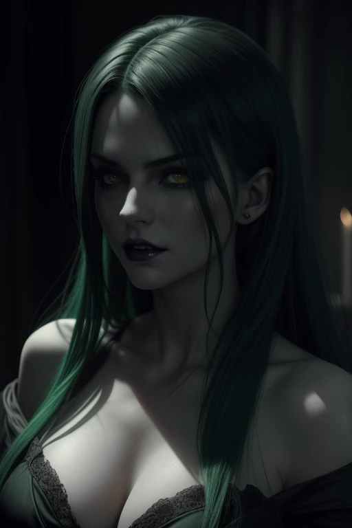 a seductive , desnuda, vampire, green hair, blood-stained vampire fangs, highly detailed, photorealistic, dark fantasy, dramatic lighting, cinematic, moody, gothic, dramatic pose, chiaroscuro, dramatic shadows, glowing eyes, pale skin, female, elegant, sensual, alluring, mystical, otherworldly, supernatural, horror, (best quality,4k,8k,highres,masterpiece:1.2),ultra-detailed,(realistic,photorealistic,photo-realistic:1.37)
