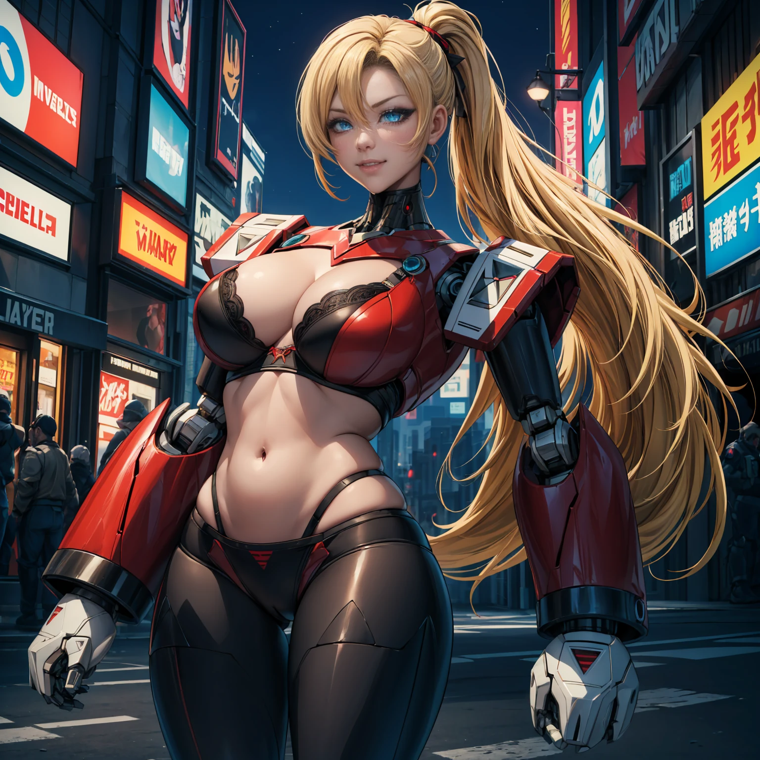 zero_megamanx, ((long blonde hair, ponytail, glowing blue eyes, red and black color armor, makeup, narrow waist, skinny, medium breasts)), pelvic curtain, ((black panties, red bra)), full body, perfect body, (insanely detailed, beautiful detailed face, masterpiece, best quality) , (((solo))), (((1robot))), (((mature))), (extremely detailed 8k paper CG wall unit: 1.1), (cyberpunk, street, night), (smile face for the viewer), mechanical parts, robot joints