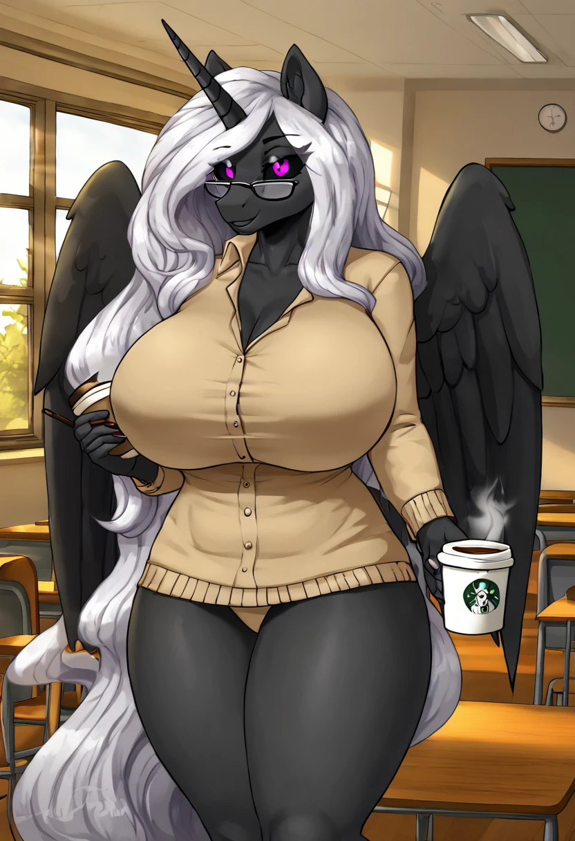 Alicorn princess, white mane,black sclera ,black body color  long flowing  mane pink eyes anthro thicc thighs huge breasts 
hot for teacher glasses ,early morning ,school, drinking coffee ,coffee cup saying "best teacher"
Smiling,  beautiful look