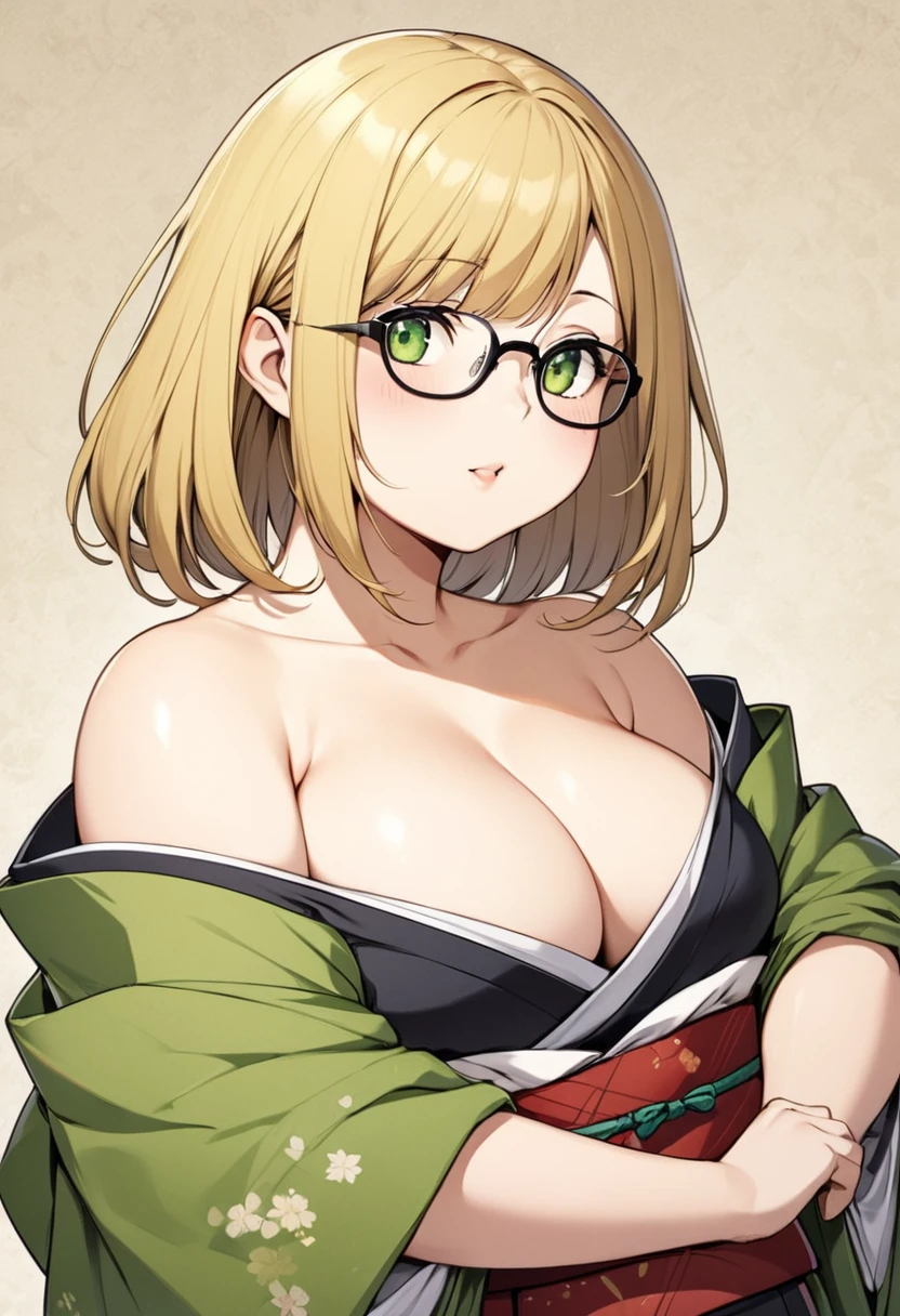 chubby girl, blonde, green eyes, medium length hair, without bangs in hair, glasses with black square frames Japanese clothing style, ancient japan, bare chest