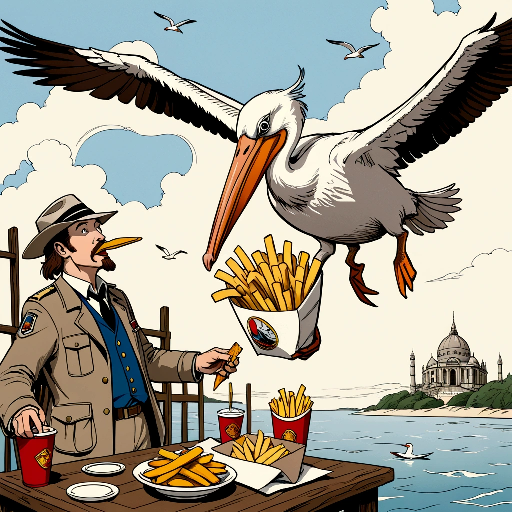 rescuers down under, cinematic wordless poster, Wilbur the pelican in flight, snacking on french fries, showcase pelican soaring in the sky eating fries, expressive unfinished sketch, unified coloring, ink lines, ink figure

