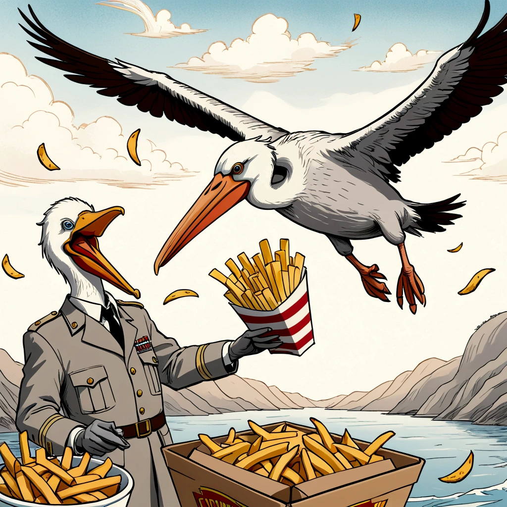 rescuers down under, cinematic wordless poster, Wilbur the pelican in flight, snacking on french fries, showcase pelican soaring in the sky eating fries, expressive unfinished sketch, unified coloring, ink lines, ink figure
