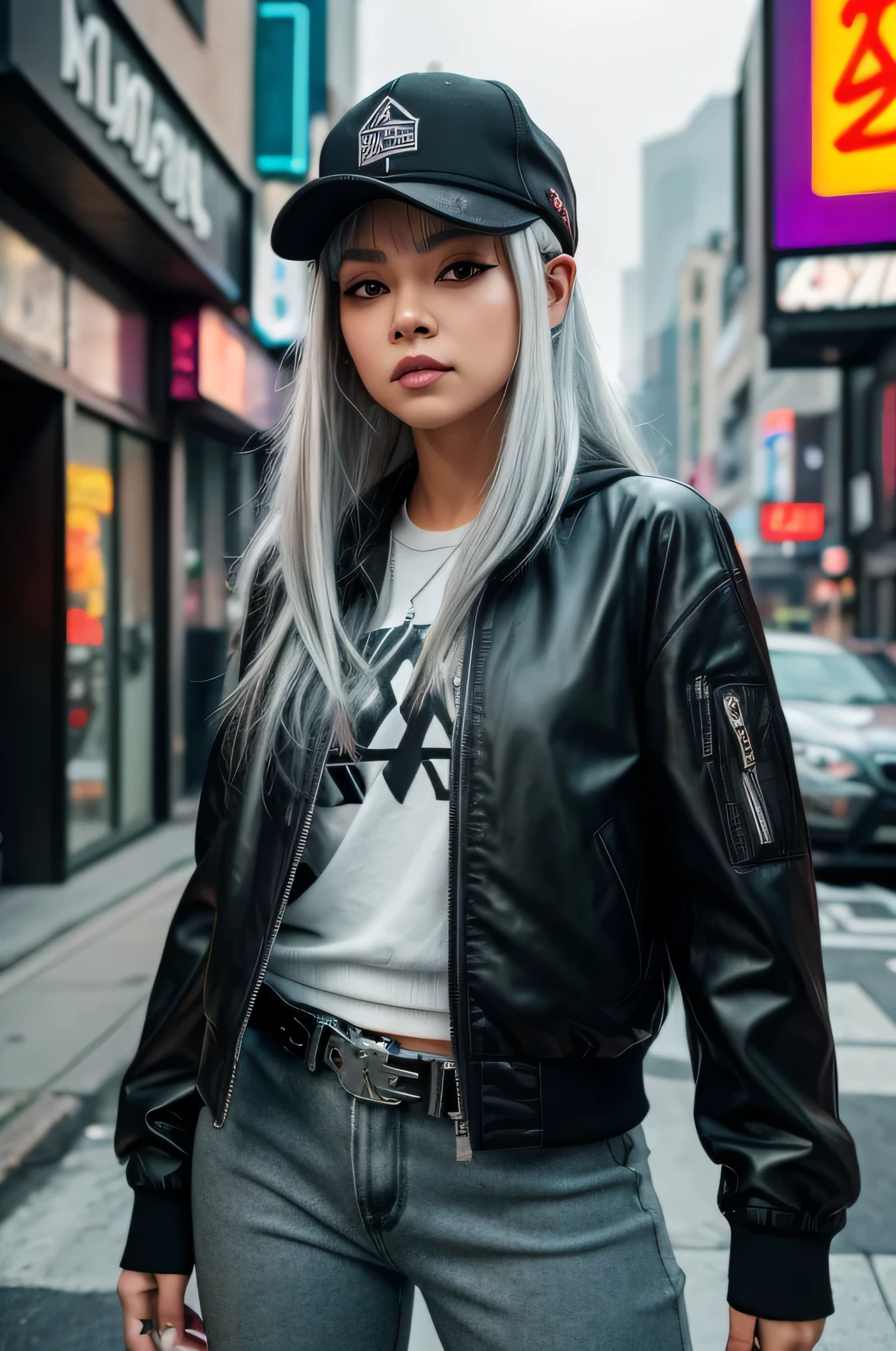 Arafed woman with gray hair wearing a black jacket and a hat., a character portrait inspired by Wang E, Trends in CG society, toyism, wearing cyberpunk street clothes, woman in street clothes, she wears street clothes, park roseanne from blackpink, silver hair girl, silver hair girl, yoko taro, cyberpunk streetwear, wearing silver hair, urban fashion blogger